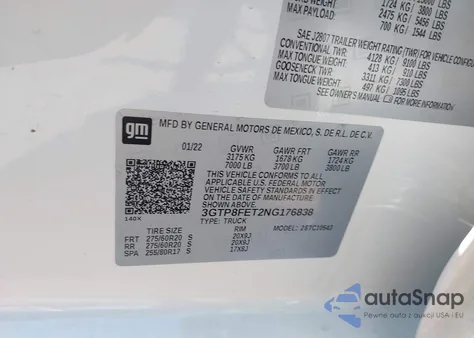 2022 GMC Sierra 1500 Limited из США, поврежденный, VIN 3GTP8FET2NG176838